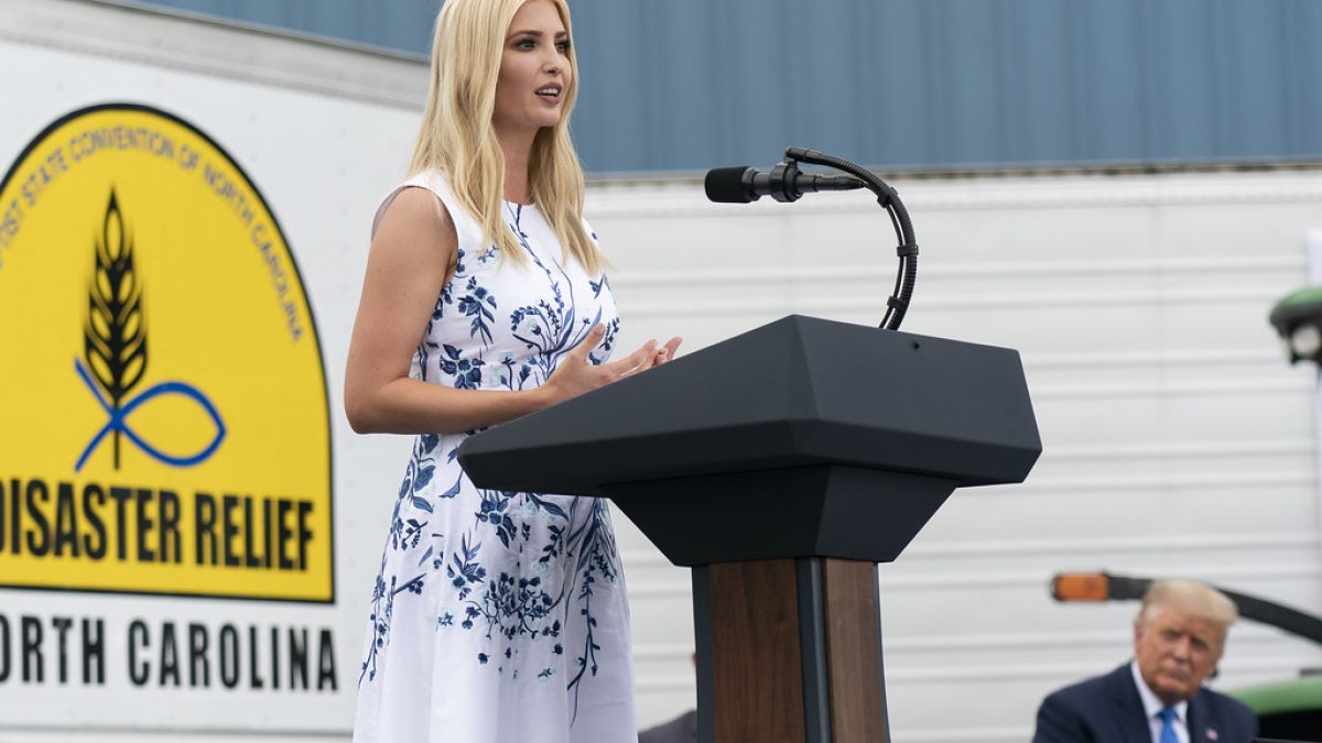 Ivanka Trump speaks at a podium at an event for disaster relief in North Carolina