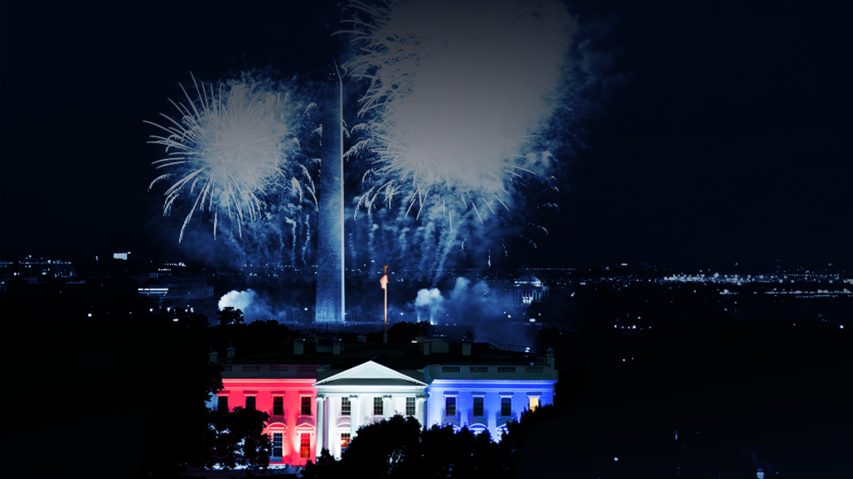 Fireworks behind White House. Everything is tinted navy except White House.