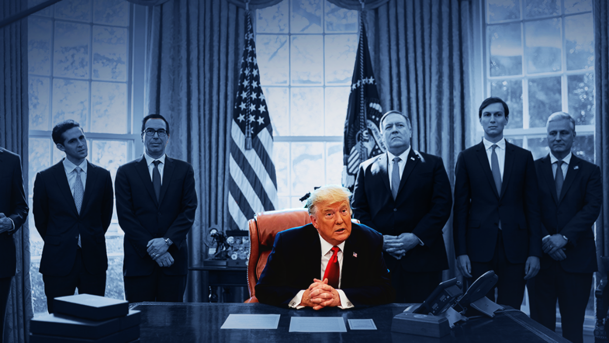 Trump sitting in Oval office in front of Jared Kushner, Steve Mnuchin and Mike Pompeo. Everyone is tinted navy except Trump.