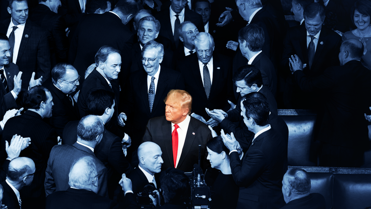 Trump next to Mitch McConnell and others at the State of the Union. Image is tinted navy except Trump.