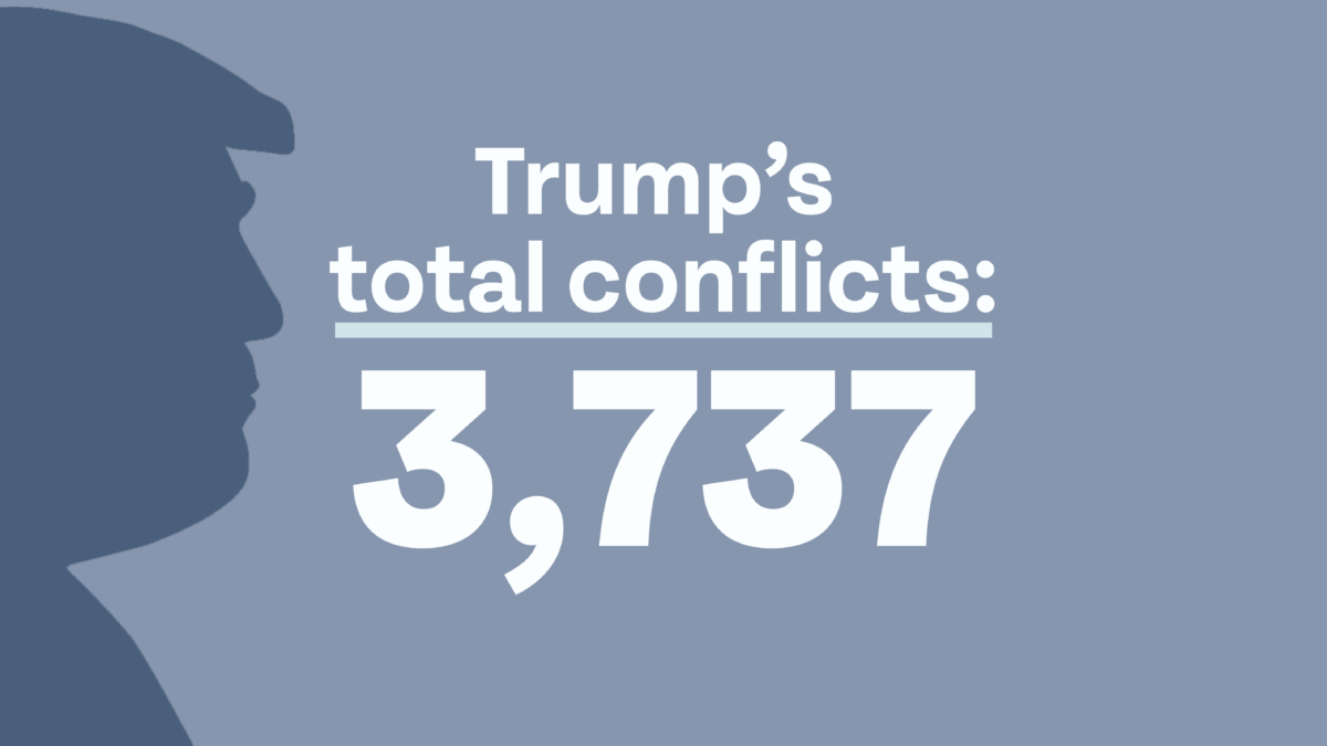 "Trump's total conflicts: 3,737" in white against dark grey silhouette of Trump's face.