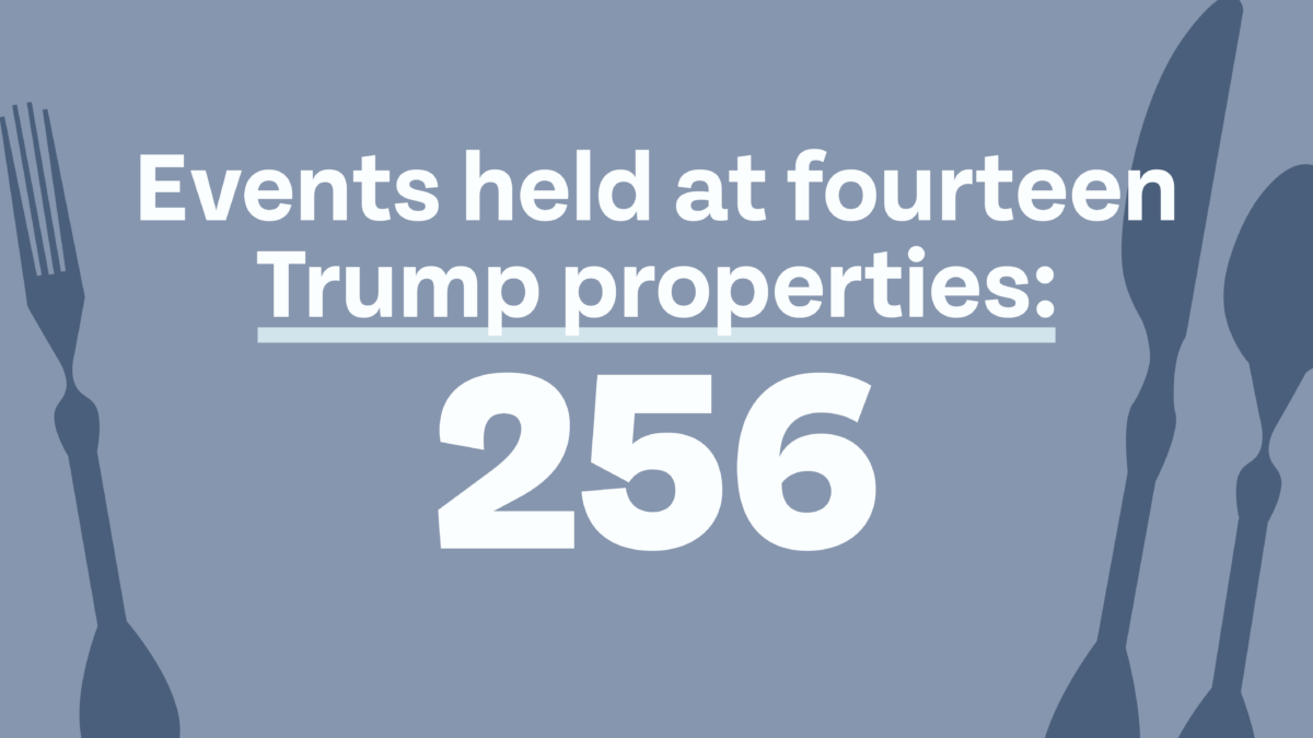 Title: "Events held at fourteen Trump properties: 256" Graphics of fork, knife and spoon in dark grey.