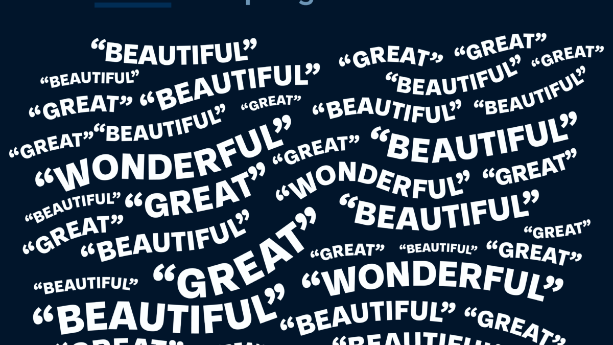 Title: "President Trump and White House officials have called Trump Organization businesses:" Caption: "Beautiful: 17 times; Great: 15 times; Wonderful: 3 times" Word cloud of all those words below title and between caption. Text is light blue and white and background is navy.
