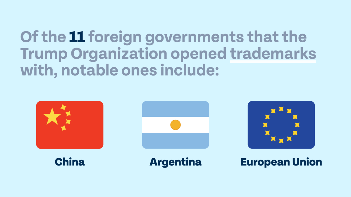 Title: "Of the 11 foreign governments that the Trump Organization opened trademarks with, notable ones include: China, Argentina, European Union" Images of flags of the three governments above each of the government names. Light blue background.