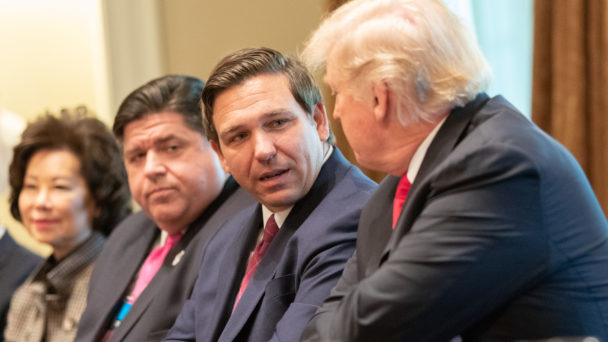 Donald Trump has a conversation with Florida Governor Ron DeSantis