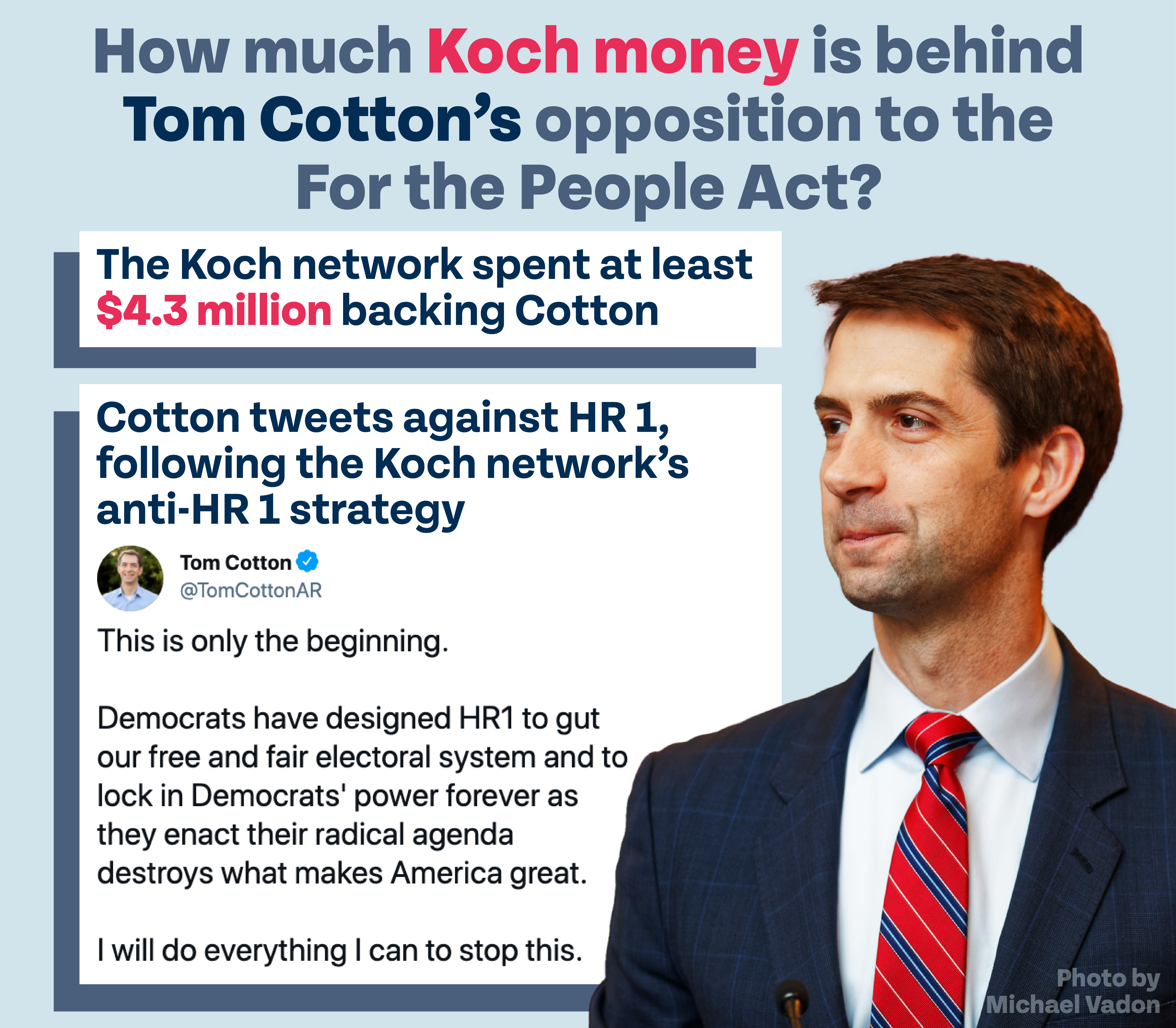 How much Koch money is behind Tom Cotton's opposition to the For the People Act? The Koch network spent at least $4.3 million backing Cotton. Cotton tweets against HR 1, following the Koch network’s anti-HR 1 strategy: @TomCottonAR: "This is only the beginning.Democrats have designed HR1 to gut our free and fair electoral system and to lock in Democrats' power forever as they enact their radical agenda destroys what makes America great. I will do everything I can to stop this."