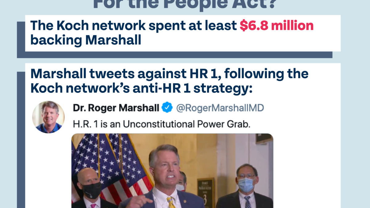 How much Koch money is behind Roger Marshall's opposition to the For the People Act? The Koch network spent at least $6.8 million backing Marshall. Marshall tweets against HR 1, following the Koch network’s anti-HR 1 strategy: @RogerMarshalMD: "H.R. 1 is an Unconstitutional Power Grab.