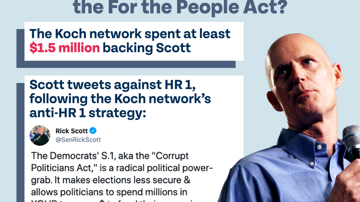 How much Koch money is behind Rick Scott's opposition to the For the People Act? The Koch network spent at least $1.5 million backing Scott. Scott tweets against HR 1, following the Koch network’s anti-HR 1 strategy: "The Democrats' S.1, aka the "Corrupt Politicians Act," is a radical political power-grab. It makes elections less secure & allows politicians to spend millions in YOUR taxpayer $ to fund their campaigns & run attack ads. It's insane & we can't let it pass." Photo by Gage Skidmore.