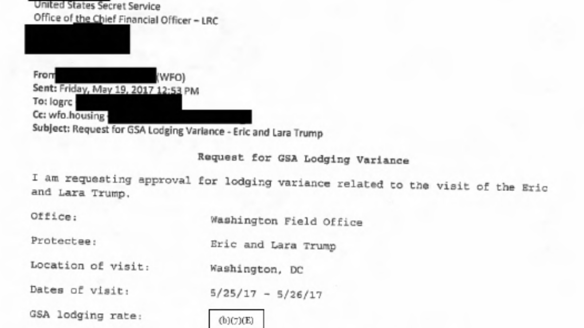 Secret Service receives permission to stay at the Trump hotel to protect Eric and Lara Trump