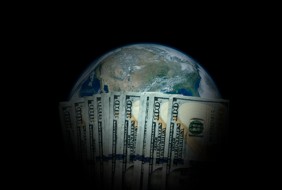Globe surrounded by $100s