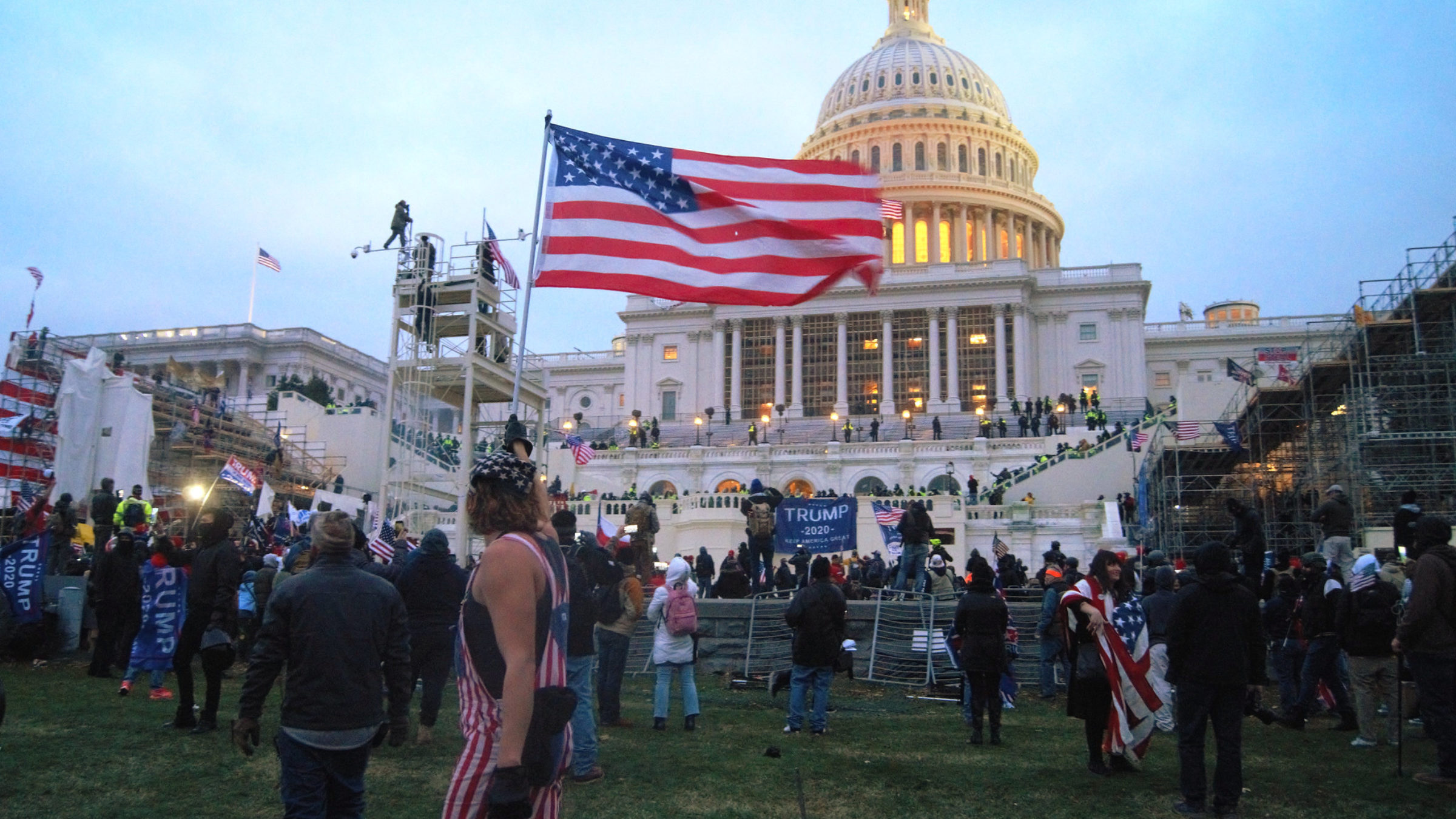 The U.S. Capitol during the insurrection at dusk
