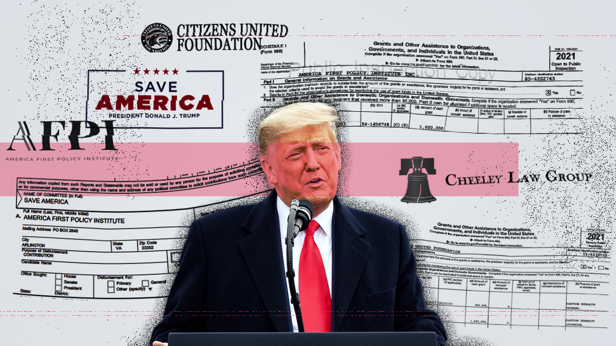 Trump in front of logos and tax returns of AFPI, Save America PAC, Citizens United Foundation, Cheeley Law Group