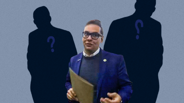 George Santos and two shadows behind him with question marks on them