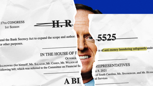 Pat Toomey between a ripped up crossed out H.R. 5525 bill