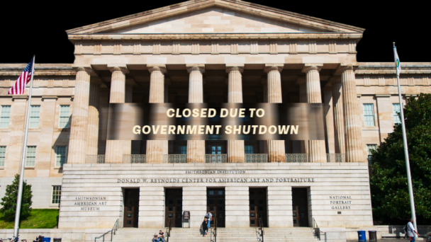 Smithsonian American Art Museum with "Closed due to government shutdown" sign in front