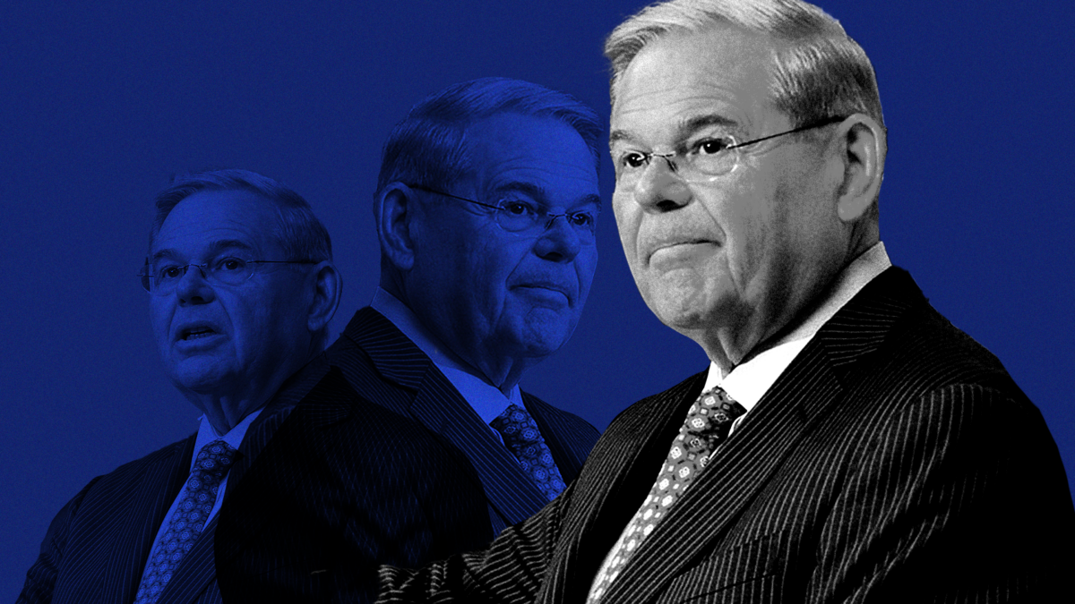 Robert Menendez against a blue background