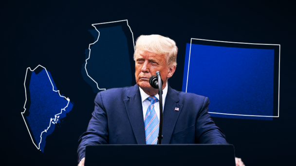 Trump in front of Maine, Illinois and Colorado cutouts