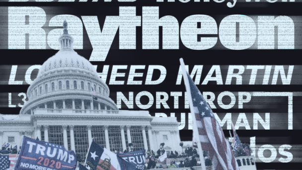 Defense industry logos displayed behind photos of January 6th