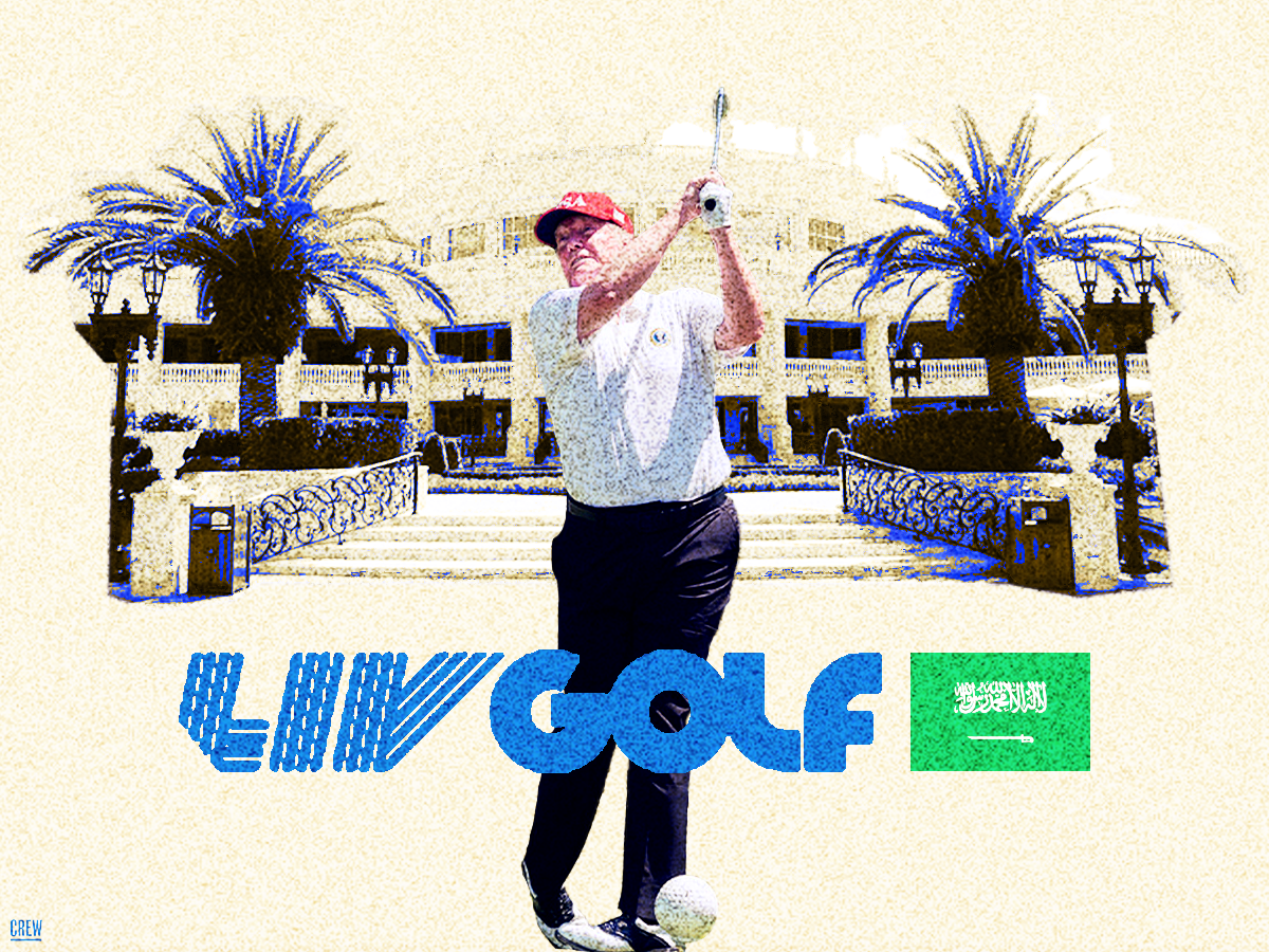Trump playing golf in front of real estate developments in Saudi Arabia