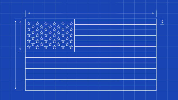 American flag shown in blueprint style