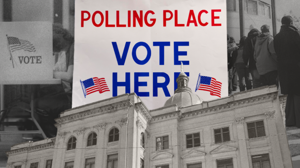 Polling place vote here sign and Georgia capitol building