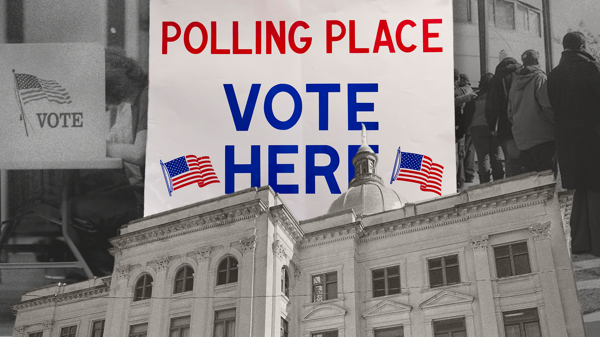 Polling place vote here sign and Georgia capitol building
