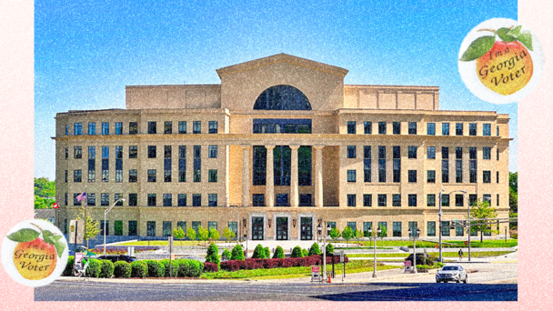 Georgia Supreme Court Building with stickers labeled with a Georgia peach that says "I'm a Georgia Voter"