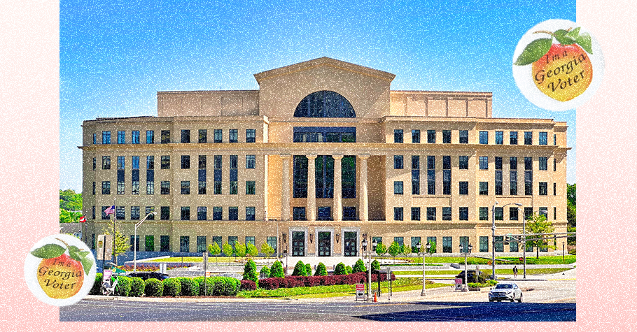 Georgia Supreme Court Building with stickers labeled with a Georgia peach that says "I'm a Georgia Voter"