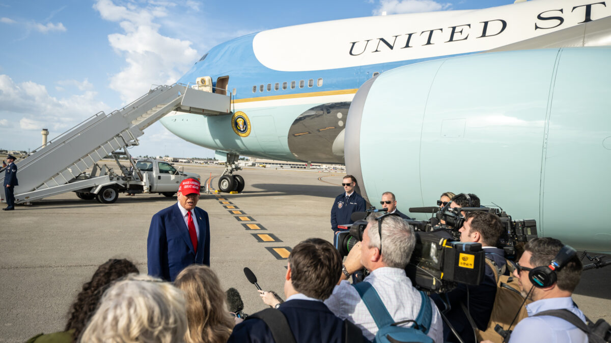 Trump talks to reporters outside of Air Force 1.