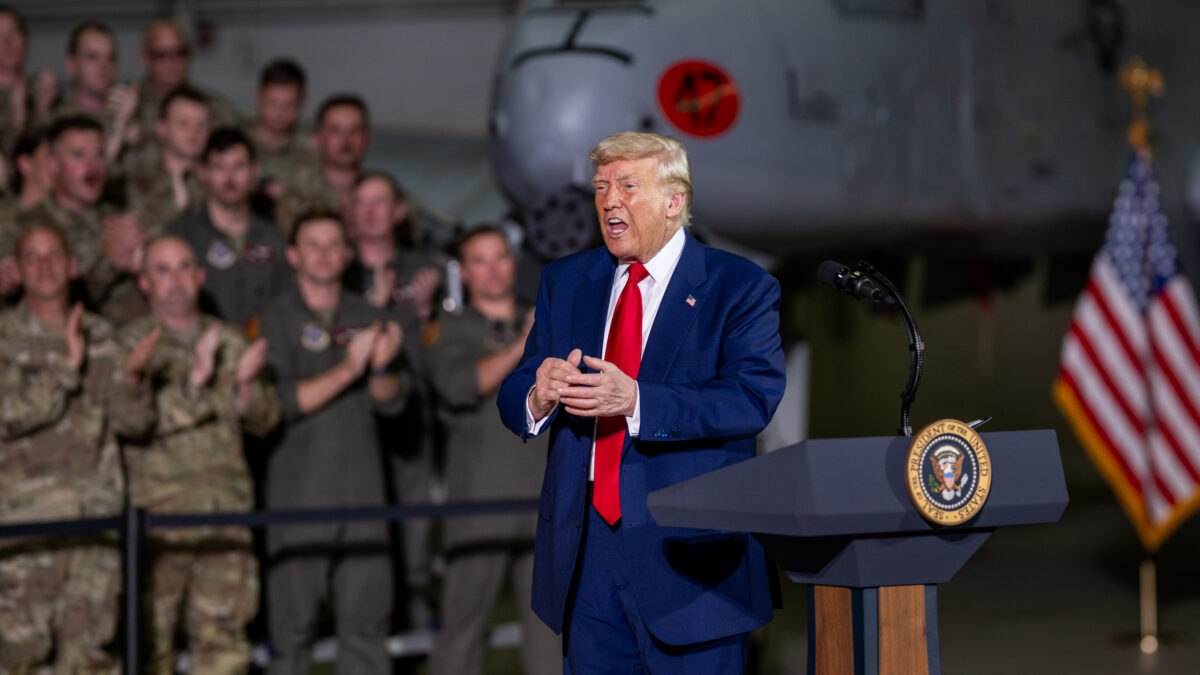 Trump speaks to military members.