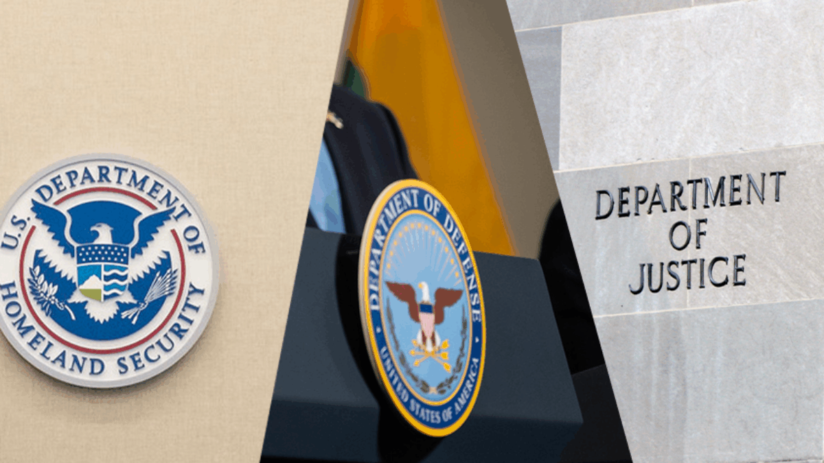 Signs for Department of Homeland Security, Department of Defense and Department of Justice