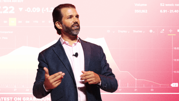 Donald Trump Jr. in front of a stocks graphic