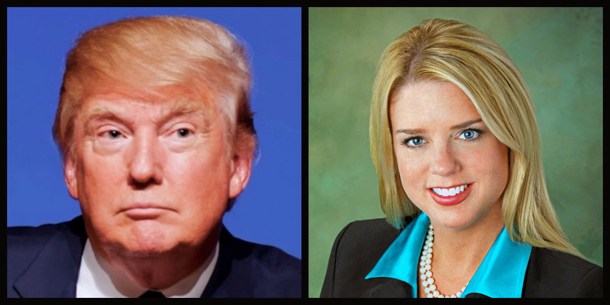 Headshots of both Donald Trump and Pam Bondi, stitched together in a collage