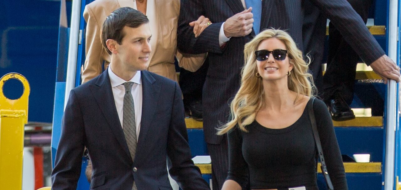 Ivanka Trump, wearing sunglasses, and Jared Kushner go down stains hand in hand.