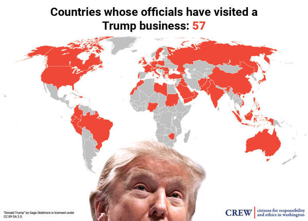 Map image depicting which countries' officials have visited Trump businesses, with affected countries in red. Head of Donald Trump superimposed on bottom of image