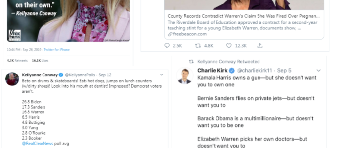 Image of Conway Tweets attacking Democratic candidates including Elizabeth Warren, Kamala Harris, and others