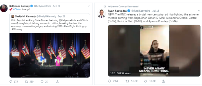Image of Conway tweets and retweets promoting the Republican party