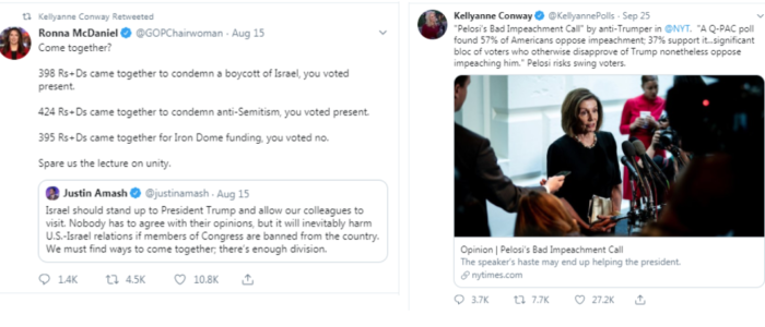 Images of Conway tweets attacking Nancy Pelosi and others