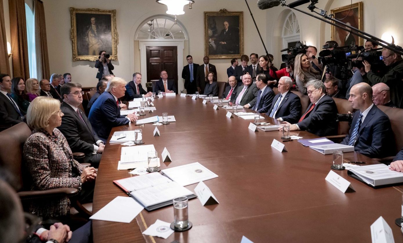 President Donald J. Trump and Vice President Mike Pence participate in a Cabinet meeting Tuesday, Nov. 19, 2019, in the Cabinet Room of the White House