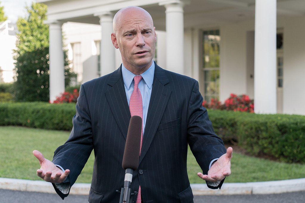 Marc Short speaks emphatically at a podium outside the White House